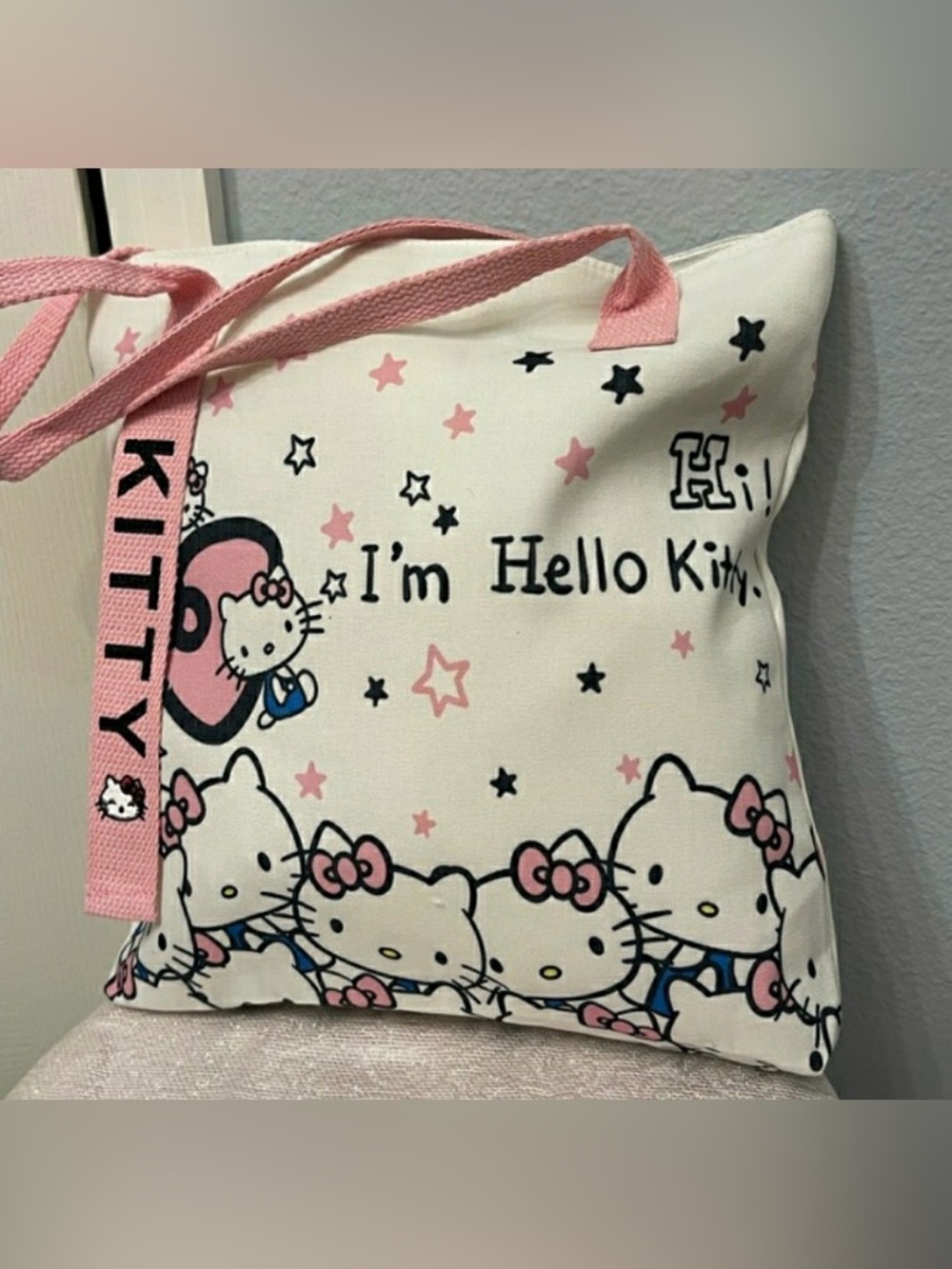 Hello Kitty Large Canvas Tote Bag Hi I'm Hello Kitty' Zip Closure Pink Cream NWT - Picture 4 of 6